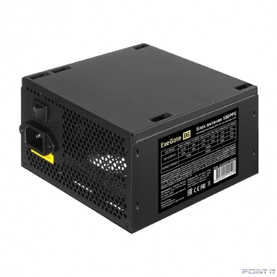 Блок питания ATX Exegate 550PPE EX282072RUS-PC 550W, PC, black, APFC, 12cm, 24p+(4+4)p PCI-E, 3*IDE, 5*SATA, FDD + кабель 220V в комплекте