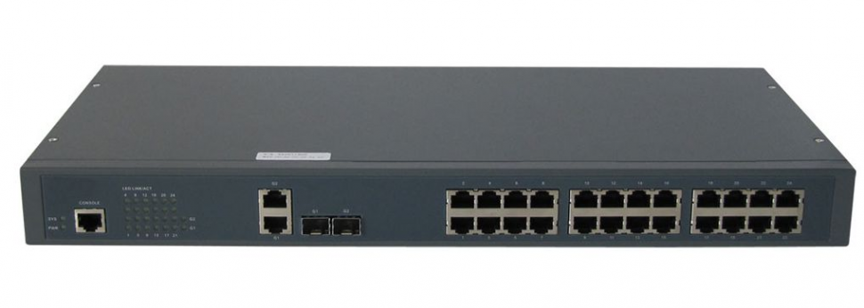 Управляемый L2 PoE коммутатор GIGALINK 24 Base-T 10/100Mb/s портов, 2 Combo TX/SFP 1000Mb/s, 1 Console. 1U 19'', 220V, суммарная мощность 400W
