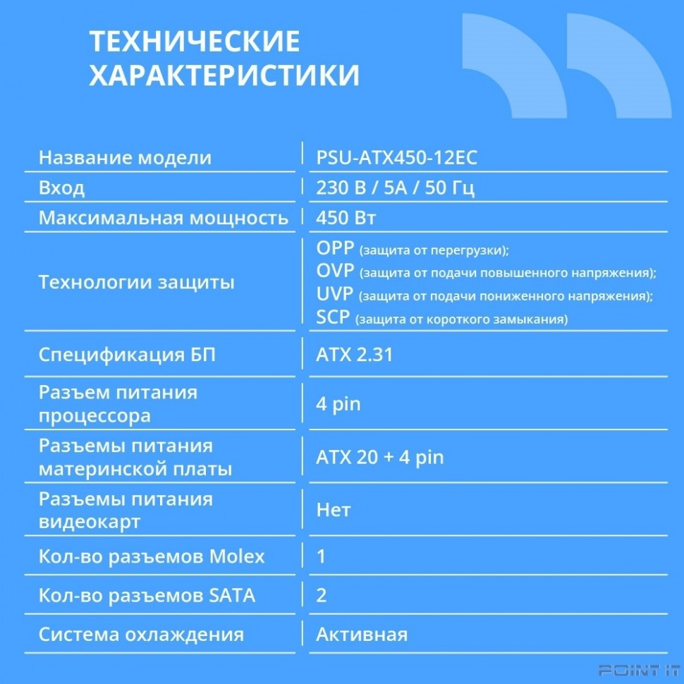 Блок питания CBR ATX 450W, 12cm fan, 20+4pin/1*4pin/1*IDE/2*SATA, кабель питания 1.2м, черный [PSU-ATX450-12EC] OEM