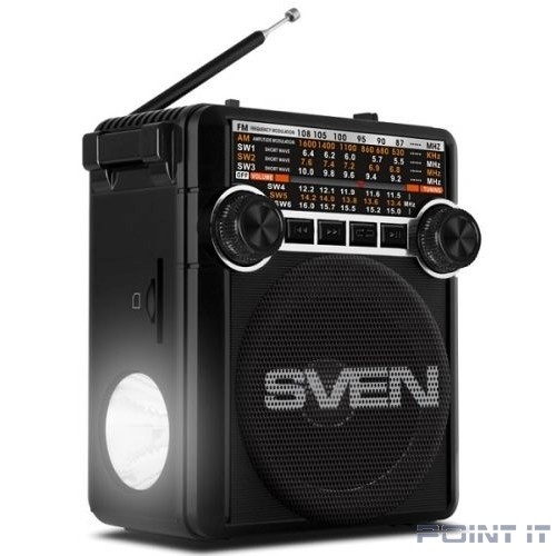SVEN SRP-355, черный, радиоприемник (мощность 3 Вт (RMS), FM/AM/SW, USB, SD/microSD, фонарь, встроенный аккумулятор)