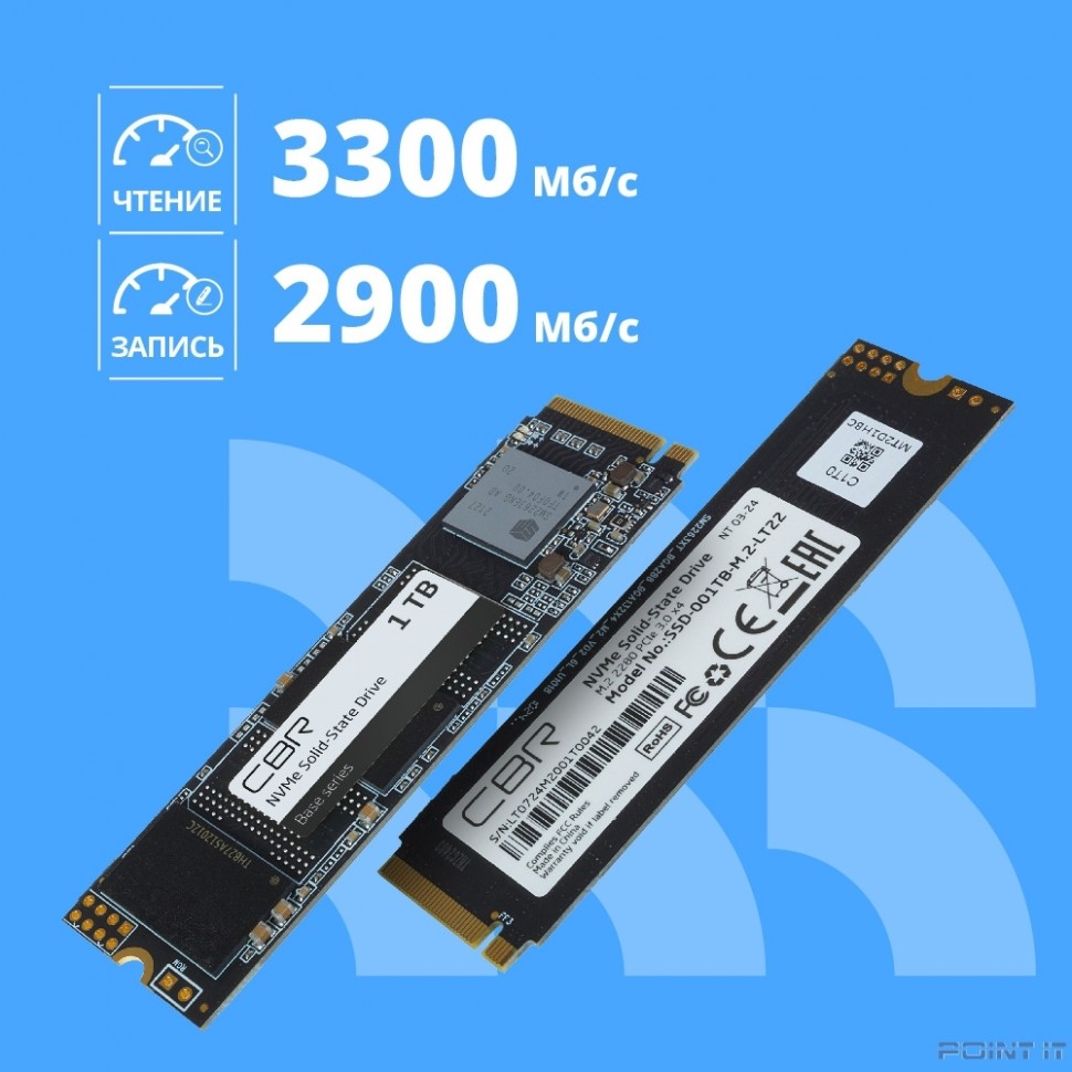 CBR SSD-001TB-M.2-BS24b, Внутренний SSD-накопитель, серия "Base", 1024 GB, M.2 2280, PCIe 3.0 x4, NVMe 1.3, 3D TLC NAND, R/W speed up to 3300/2900 MB/s, TBW (TB) 500, OEM