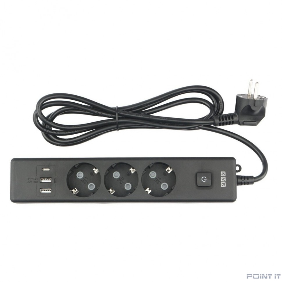 PowerCube Бытовой удлинитель (PC-6B-2M) 3р с/з вык.,3USB, 3500 Вт, 16А, 1.9 м, 3*1,0 (черный) {22310}